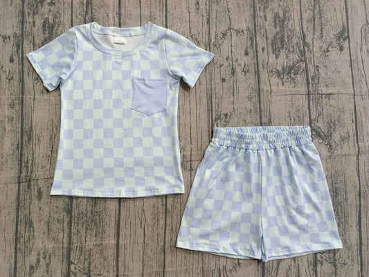 Blue plaid top matching shorts boy outfit preorder