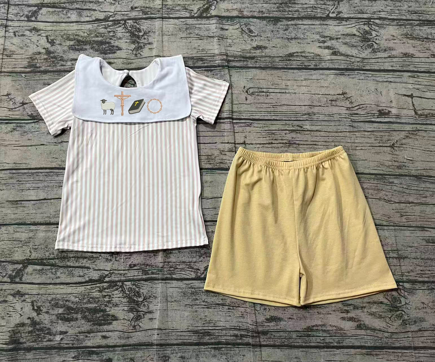 Embroidery Easter corss top matching shorts boys summer outfit preorder
