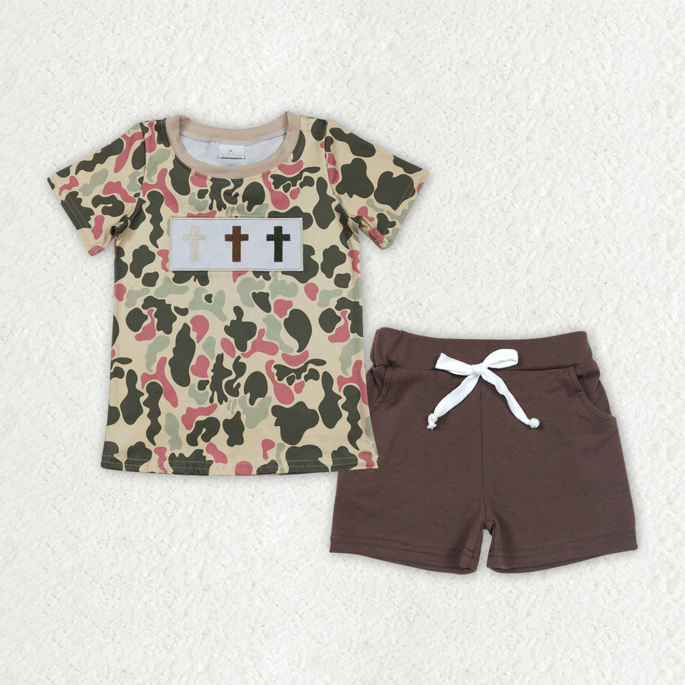 Easter cross camo shirt matching  shorts boys summer outfit