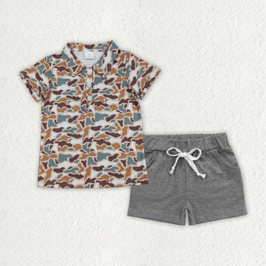 Camo shirt matching grey shorts boys summer outfit