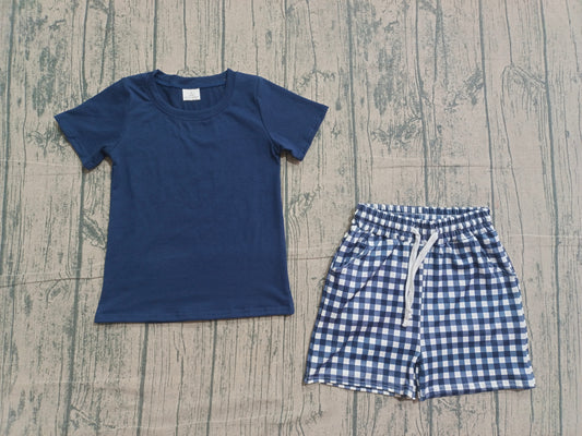 Navy top matching plaid shorts boy summer outfit preorder