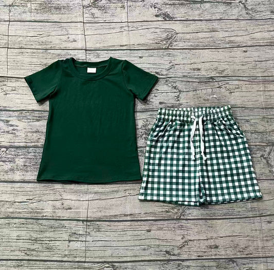 Green top matching plaid shorts boy summer outfit preorder