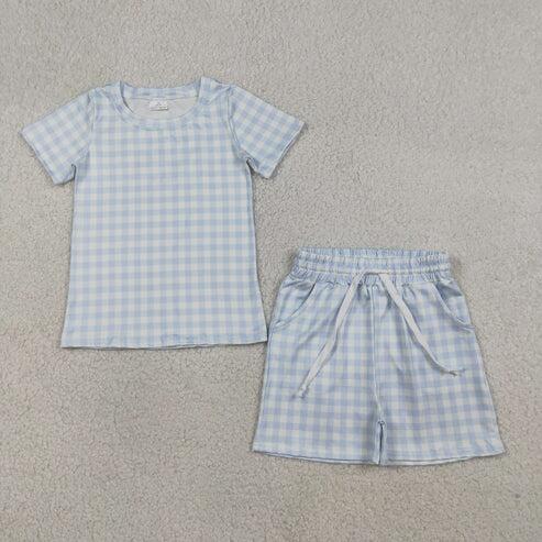 Navy top matching plaid shorts boy summer outfit