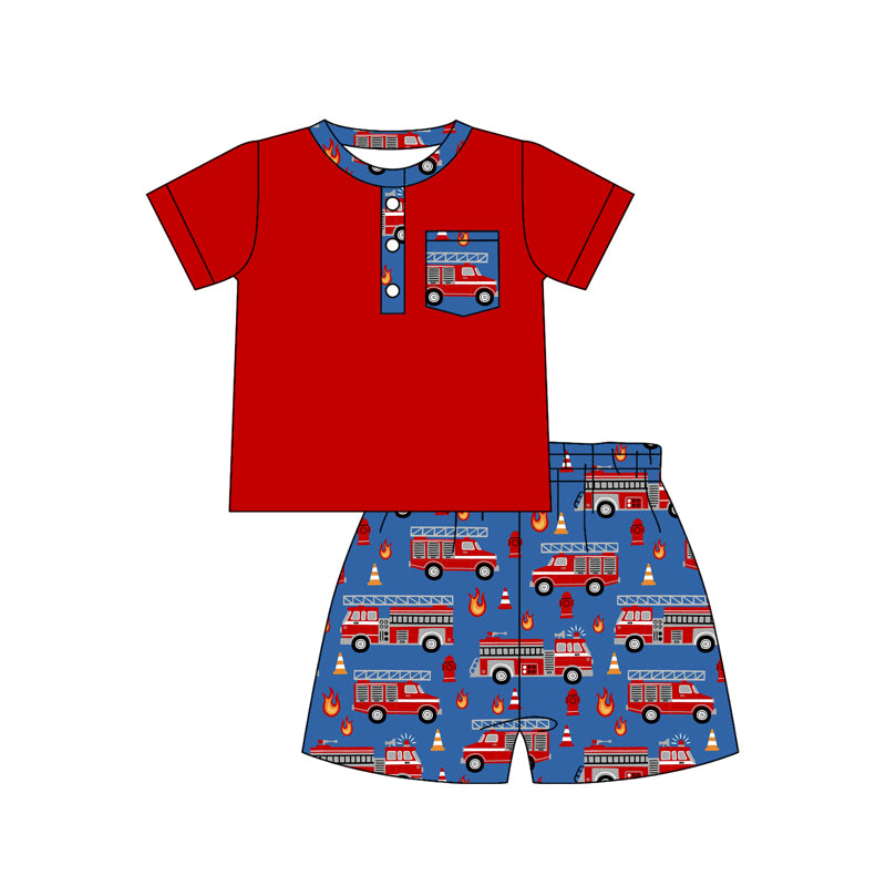 Fire fighting truck top matching shorts boy summer outfit preorder