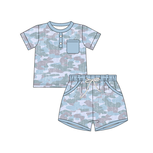 Blue brown camouflage top matching shorts boy summer outfit preorder