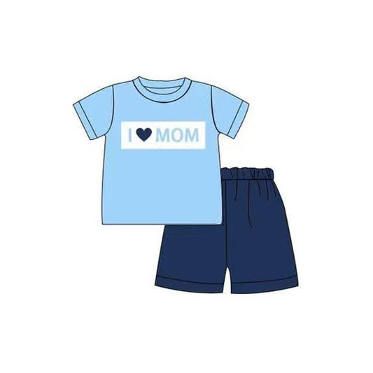 I love mom blue top matching navy shorts boy summer outfit preorder