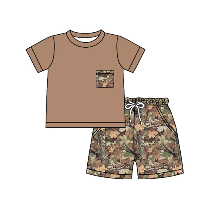 Brown pocket top matching shorts boy summer outfit preorder