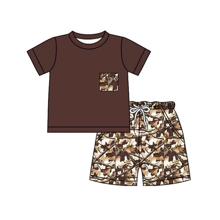 Brown pocket top matching camo shorts boy summer outfit preorder