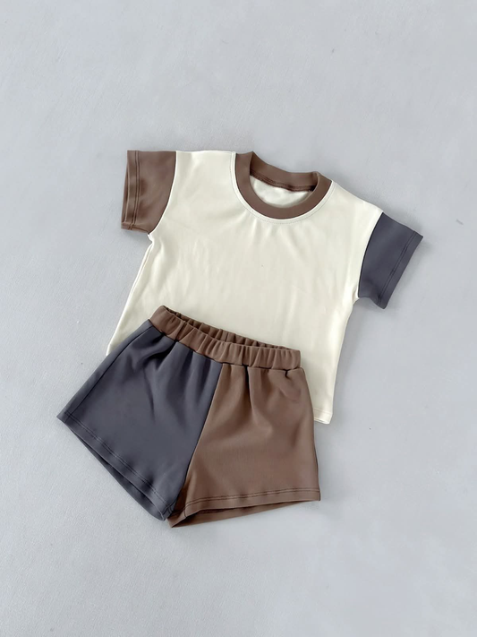 white brown cotton top matching shorts boy summer outfit preorder