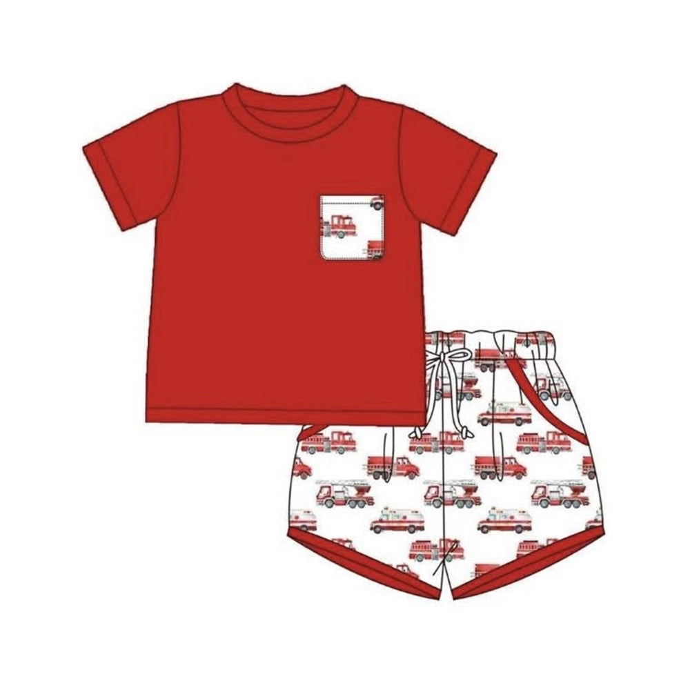 Red fire fighting truck top matching shorts toddle baby boy outfit preorder