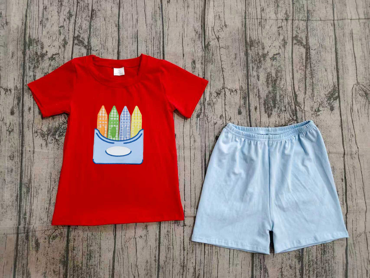 Back to school embroidery pencil top matching shorts boy summer set preorder