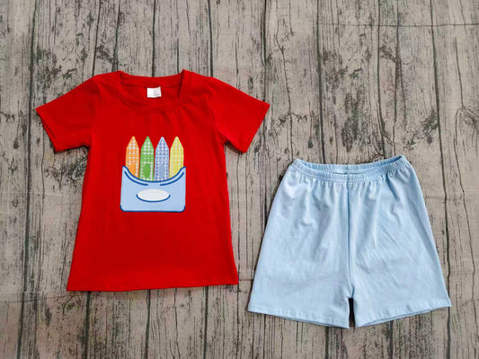 Back to school embroidery pencil top matching shorts boy summer set preorder