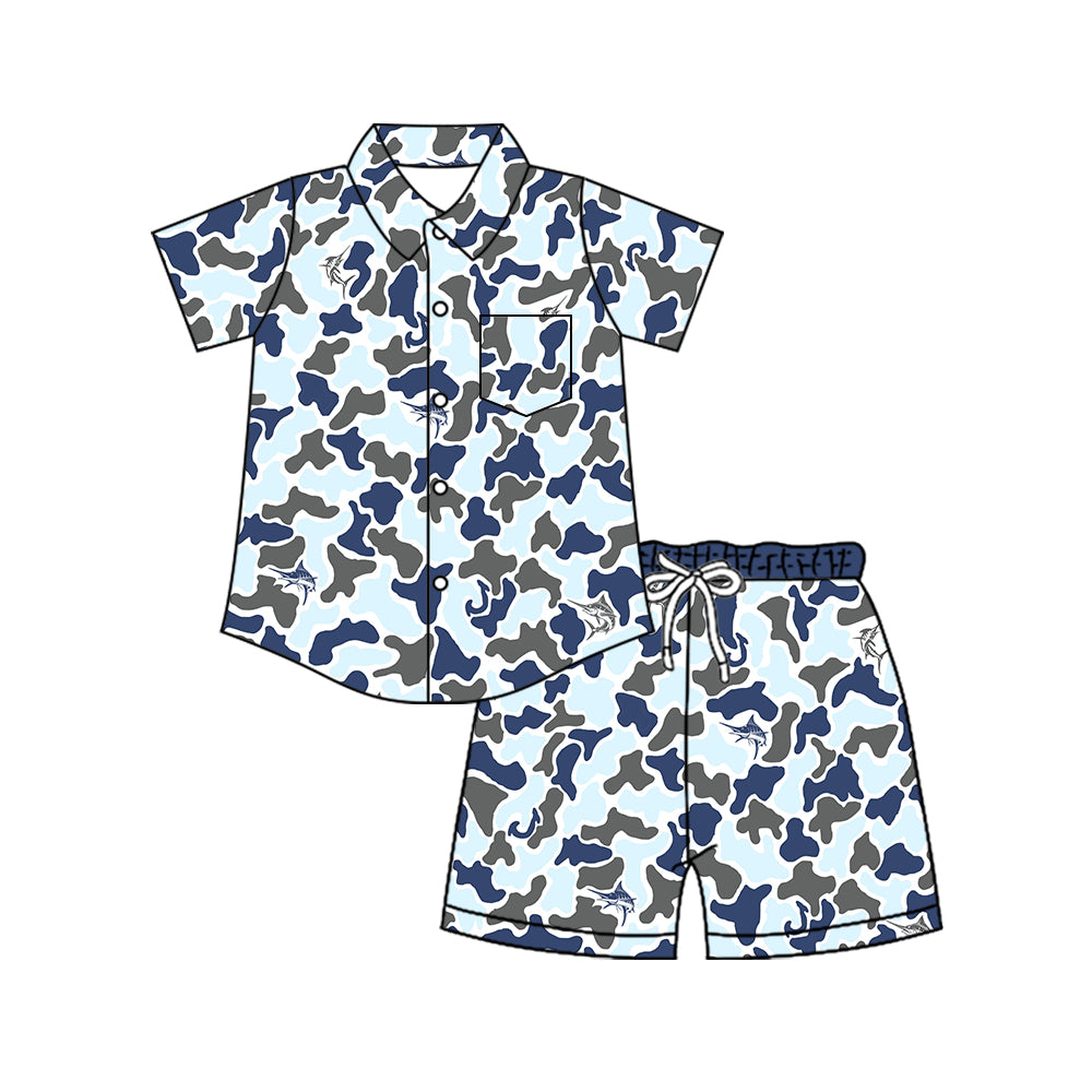 Grey blue camo short sleeve button down top matching shorts toddle baby boy outfit preorder