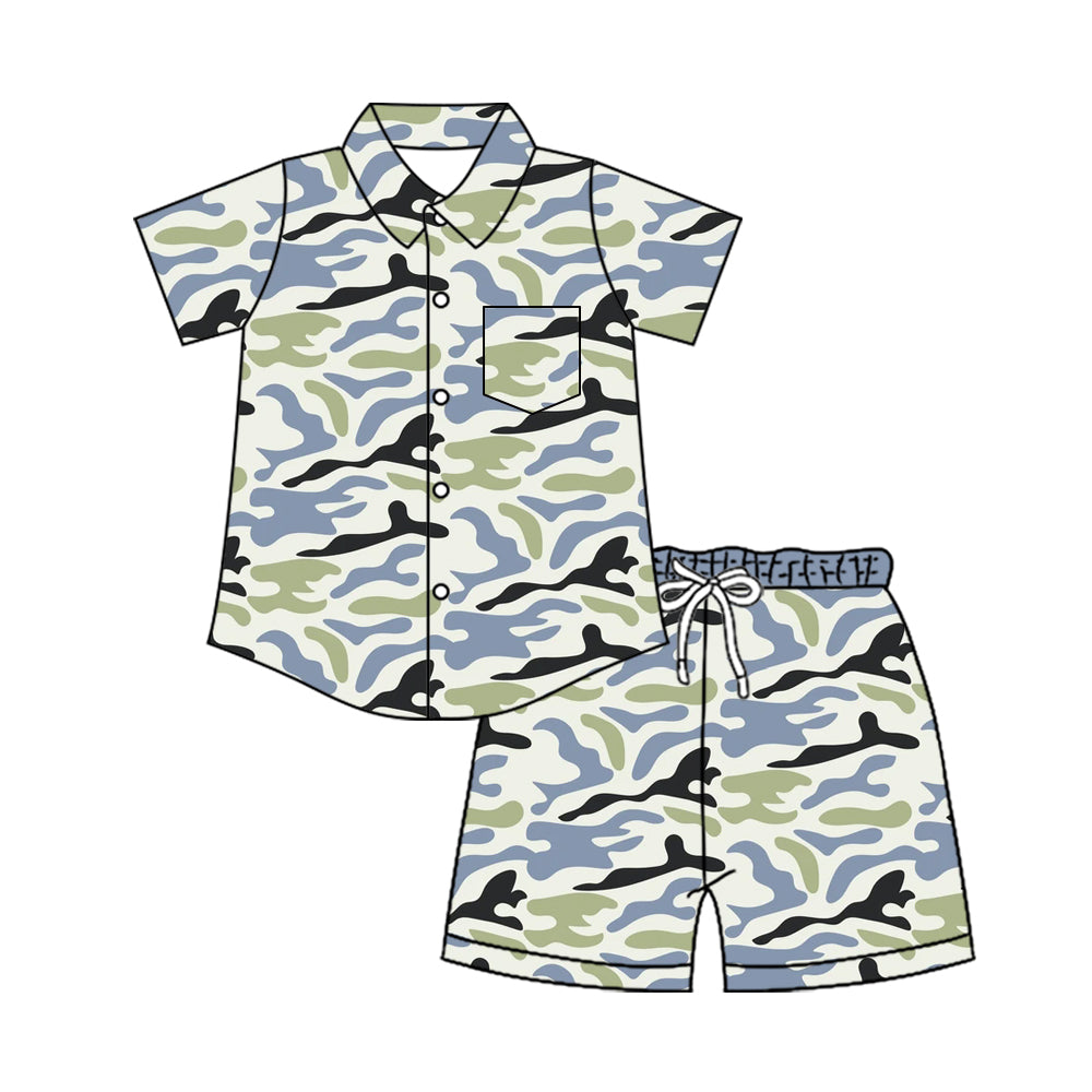 Green black camo short sleeve button down top matching shorts toddle baby boy outfit preorder