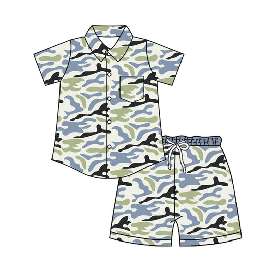 Green black camo short sleeve button down top matching shorts toddle baby boy outfit preorder