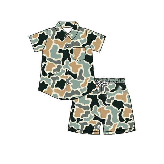 Blue black camo short sleeve button down top matching shorts toddle baby boy outfit preorder