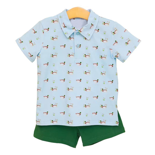 Mallard duck design top matching green shorts boy summer outfit preorder
