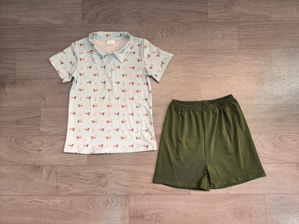 Mallard duck design top matching green shorts boy summer outfit preorder