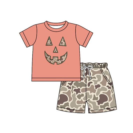 Halloween camo pumpkin top matching shorts boy summer outfit preorder