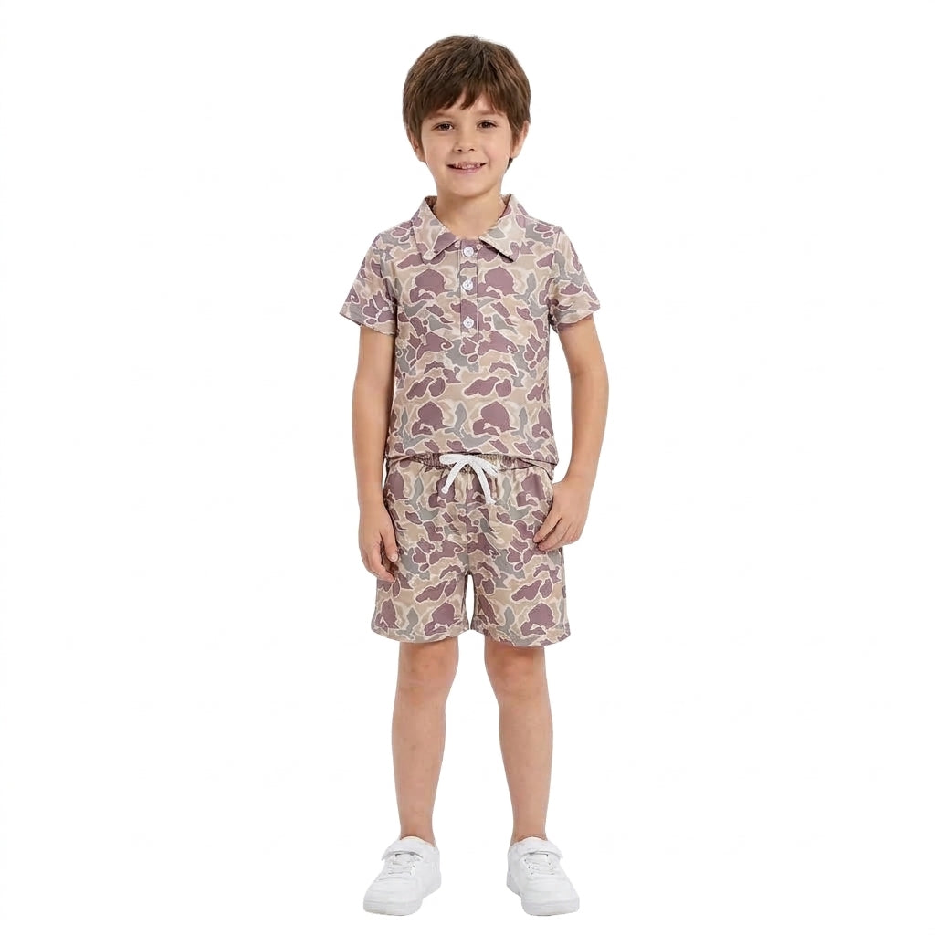 Grey camo t-shirt button top matching shorts boy summer new outfit