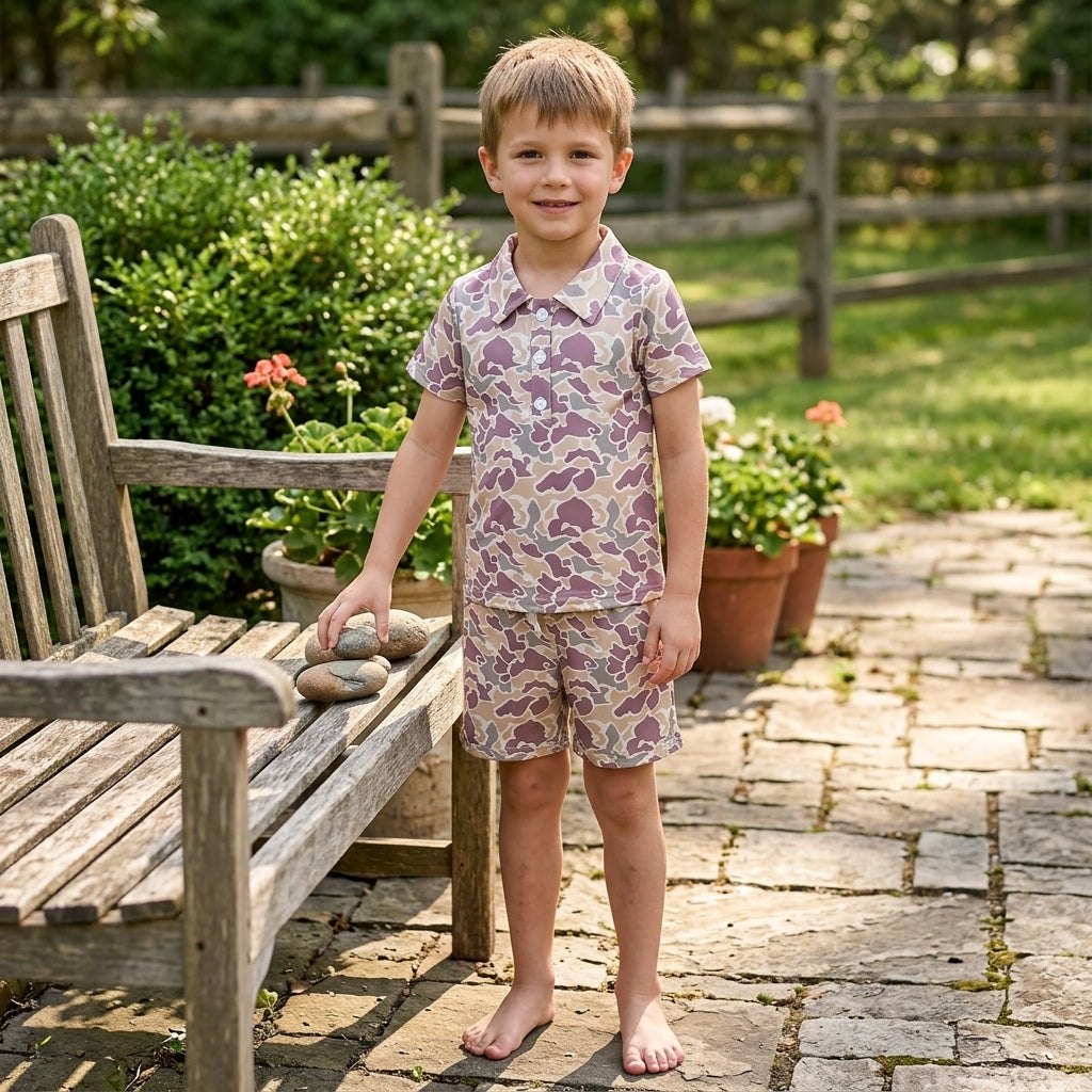 Grey camo t-shirt button top matching shorts boy summer new outfit
