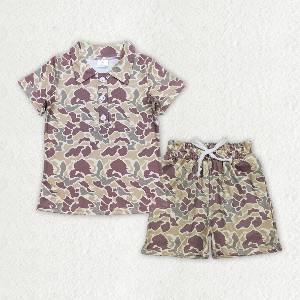 Grey camo t-shirt button top matching shorts boy summer new outfit