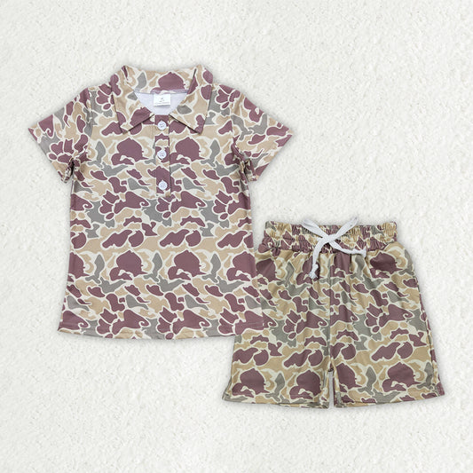 Grey camo t-shirt button top matching shorts boy summer new outfit