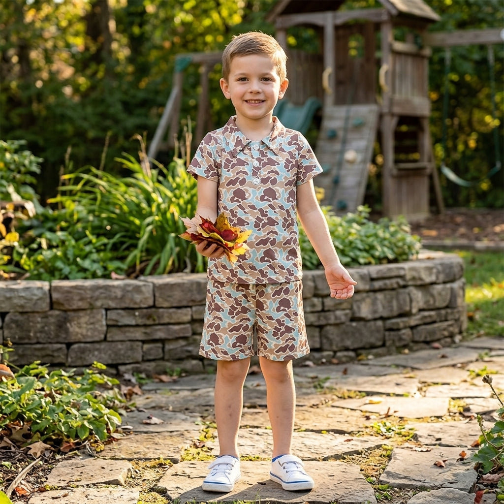 Blue khaki camo t-shirt button top matching shorts boy summer new outfit
