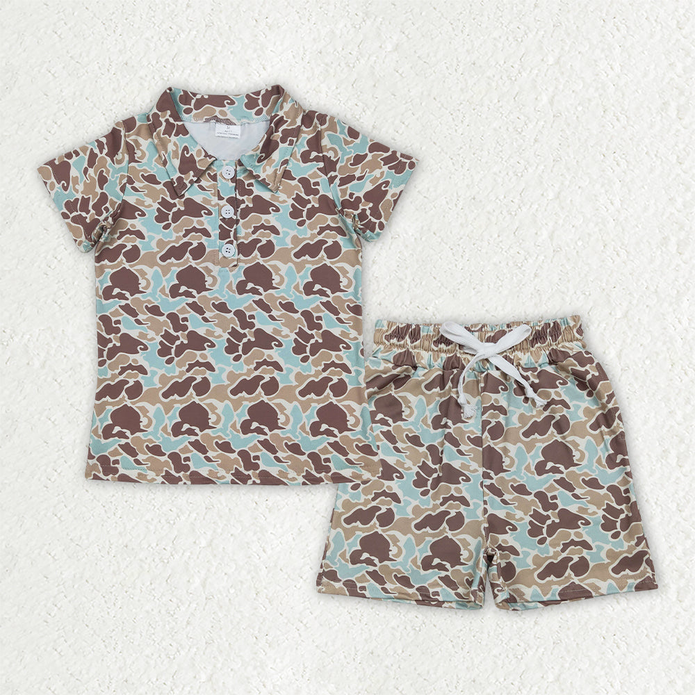 Blue khaki camo t-shirt button top matching shorts boy summer new outfit