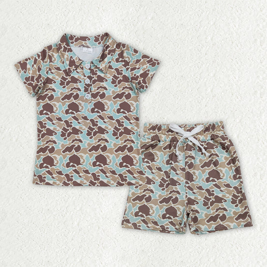 Blue khaki camo t-shirt button top matching shorts boy summer new outfit