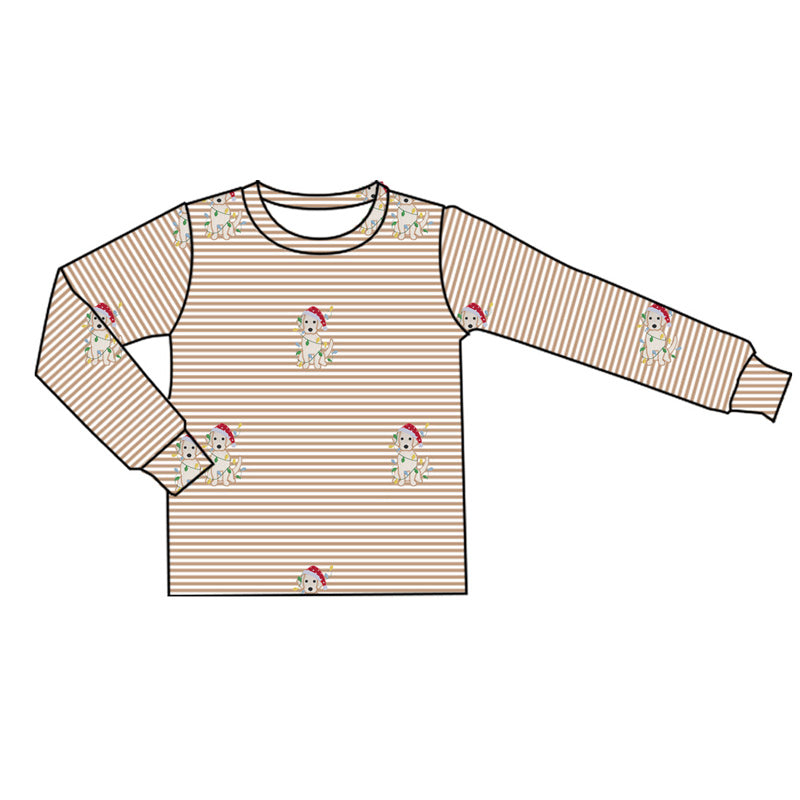 Christmas light dog print khaki stropes long sleeve top preorder