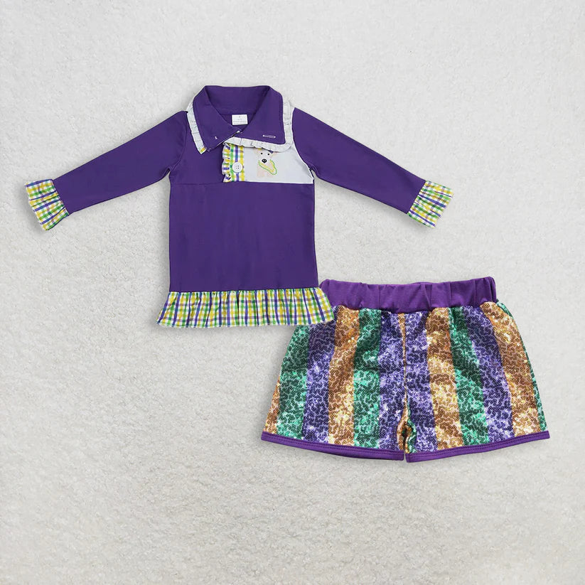 Mardi Gras long sleeve top  sequins skirt clothes set