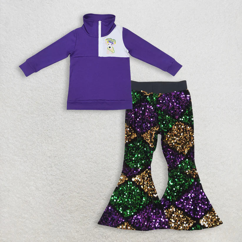 Mardi Gras long sleeve top  sequins bell bottoms clothes set