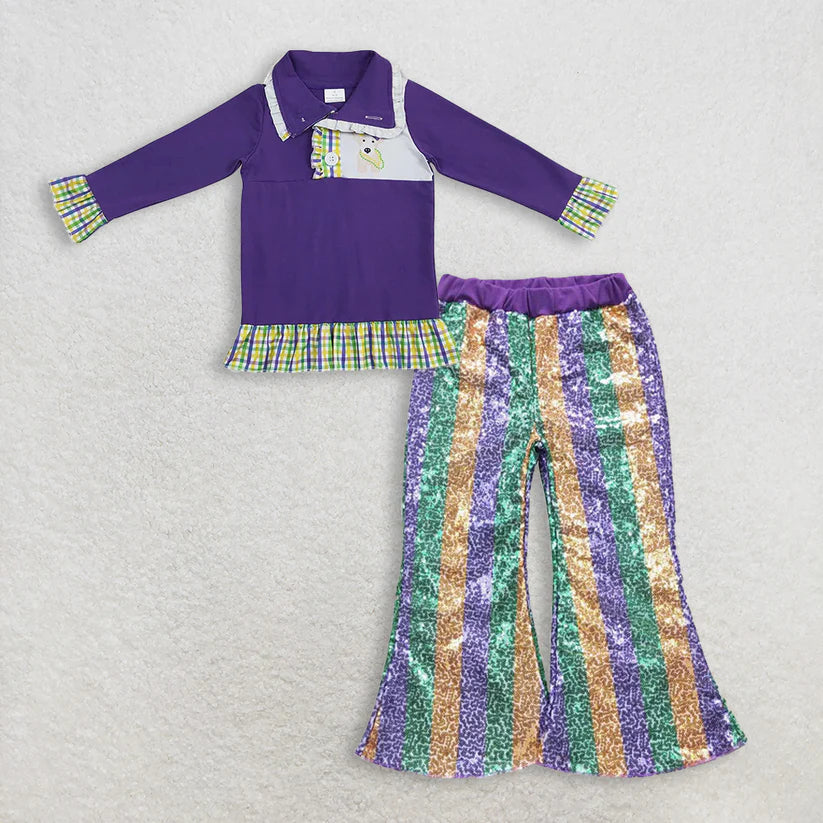 Mardi Gras long sleeve top  sequins bell bottoms clothes set