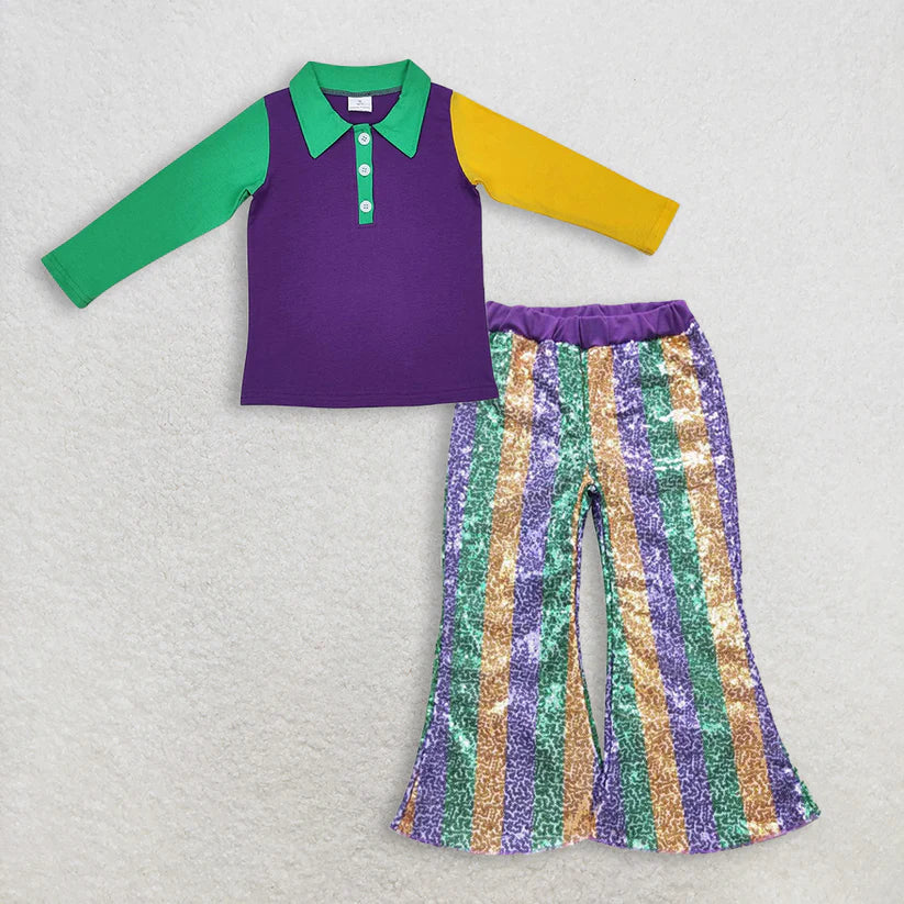 Mardi Gras long sleeve top  sequins bell bottoms clothes set