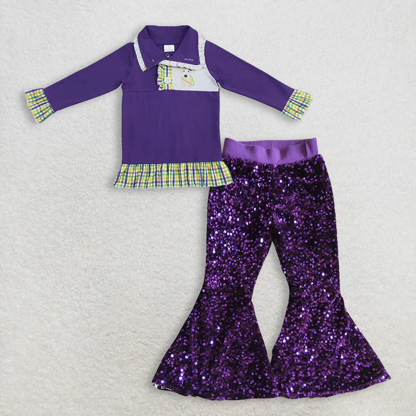 Mardi Gras long sleeve top  sequins bell bottoms clothes set