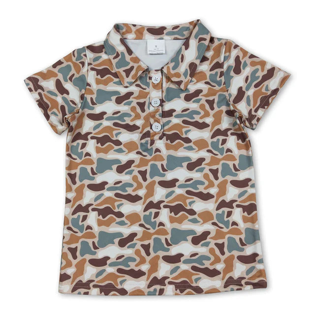 Baby boy short sleeve grey green camo button t-shirt