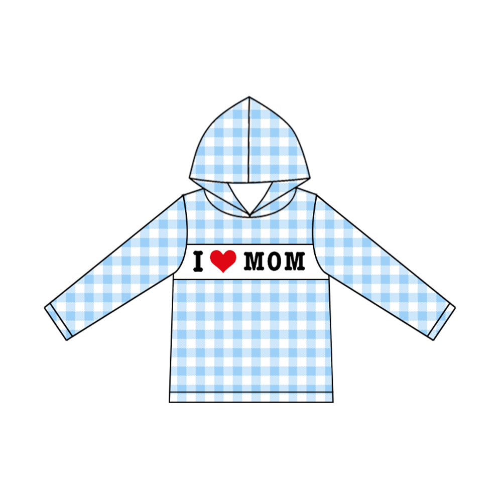 I love mom boy blue plaid long sleeve hoodie top preorder