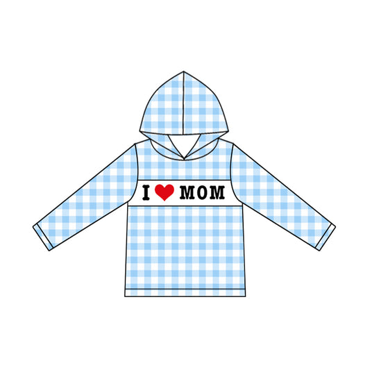 I love mom boy blue plaid long sleeve hoodie top preorder