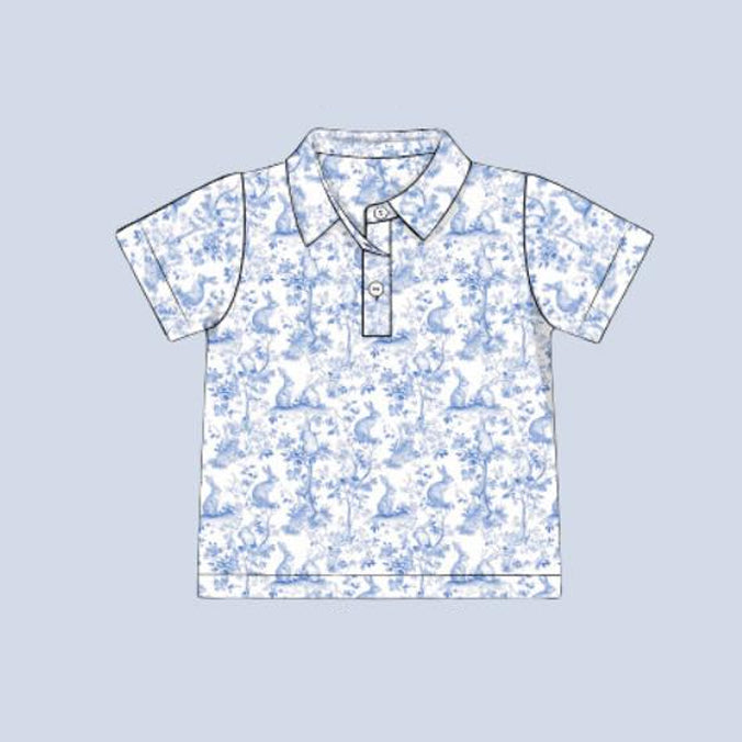 Easter bunny blue floral boy short sleeve polo shirt  preorder