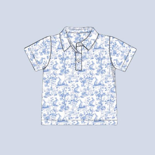 Easter bunny blue floral boy short sleeve polo shirt  preorder