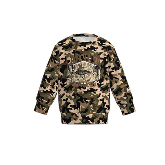Green brown camo fishing print kids boy long sleeve top preorder