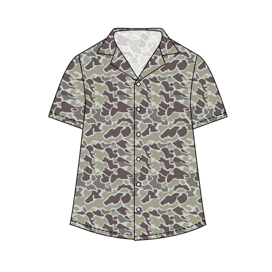 Adult man dark grey camo print short sleeve button shirt top preorder