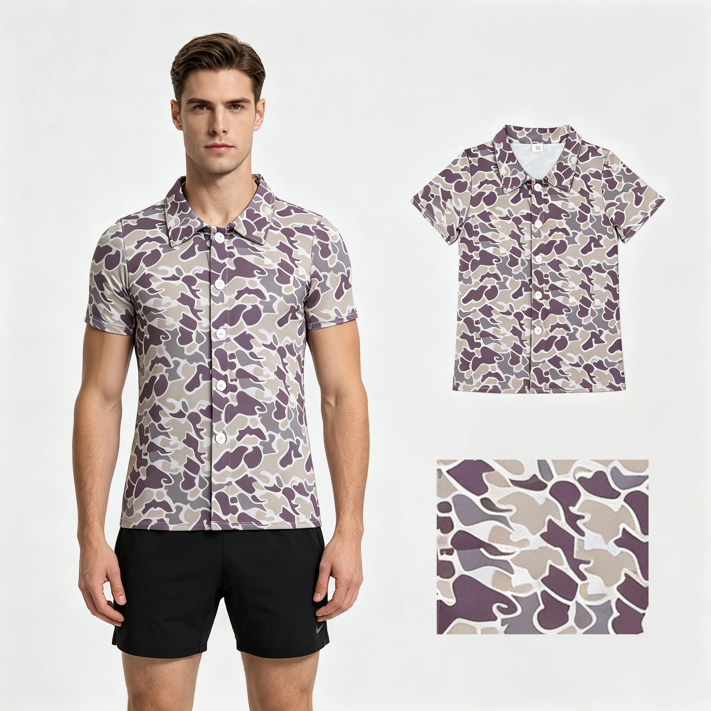Adult man dark grey camo print short sleeve button shirt top