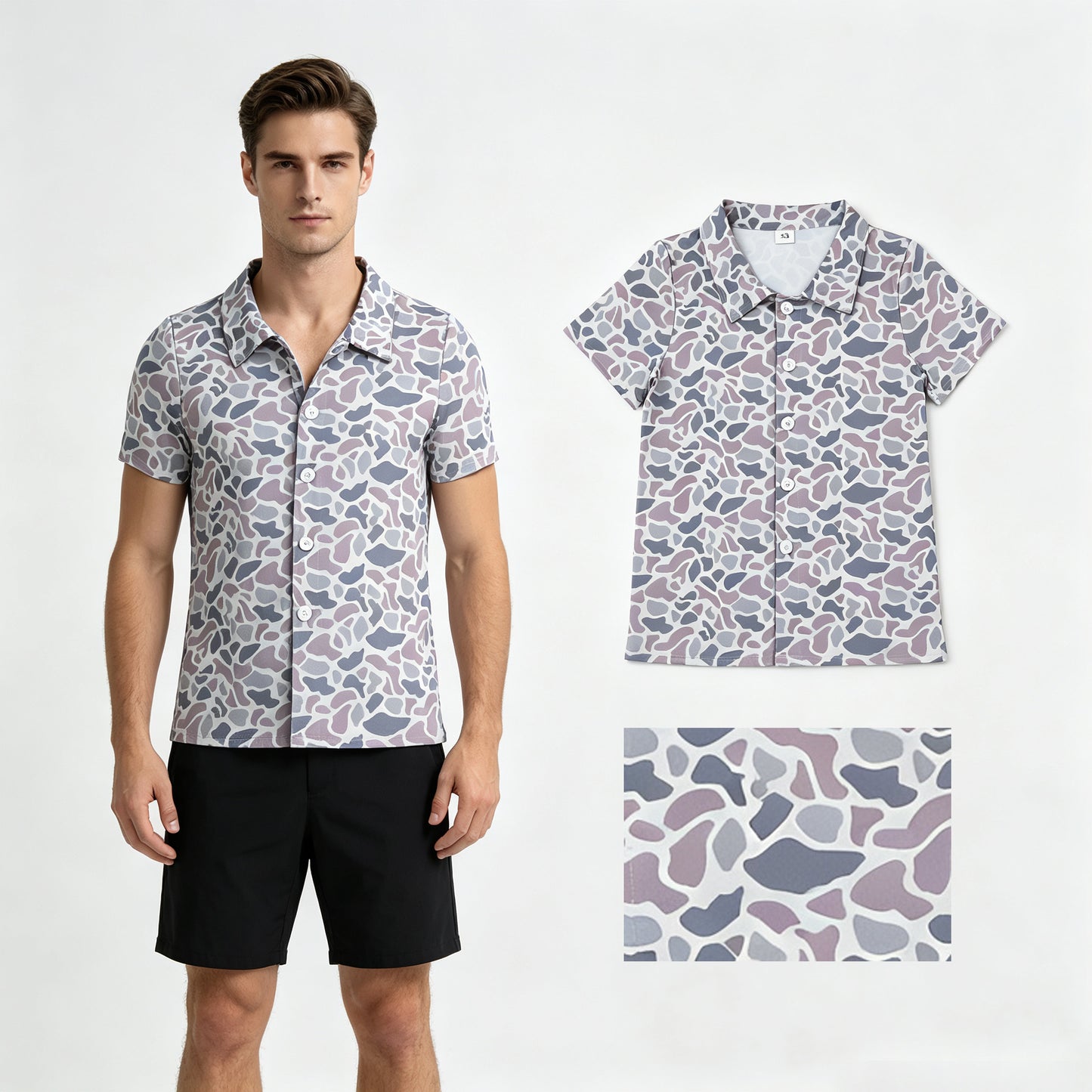 Adult man light grey print short sleeve button shirt top