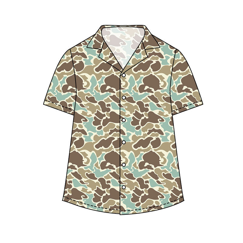 Adult man green brown print short sleeve button shirt top preorder