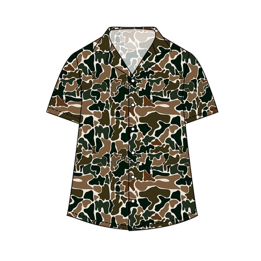Adult man dark green brown print short sleeve button shirt top preorder