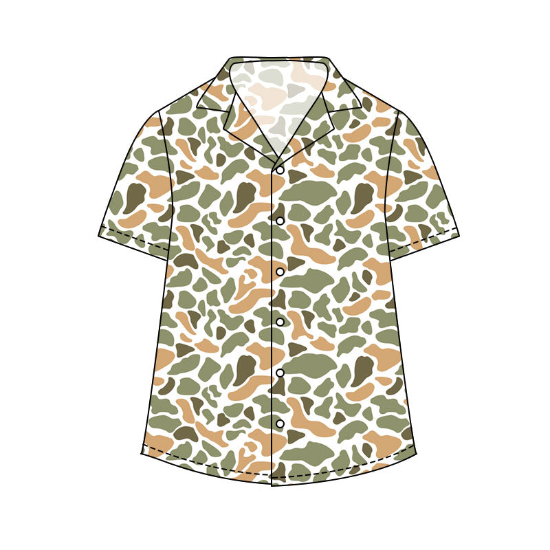 Adult man green orange camo print short sleeve button shirt top preorder