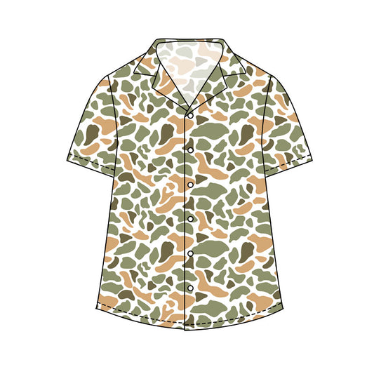 Adult man green orange camo print short sleeve button shirt top preorder