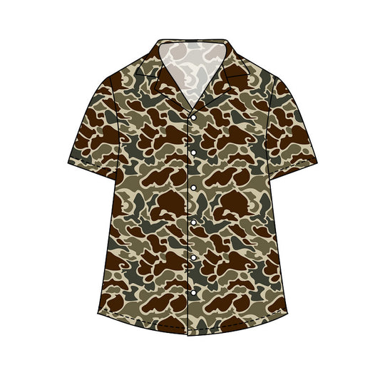 Adult man dark brown camo print short sleeve button shirt top preorder